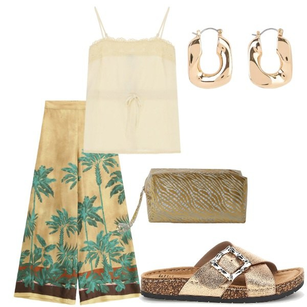 Outfit donna - Serata tra amici. Stile Casual per Serata fuori. Abbinamento con orecchini, valigie, pantaloni a palazzo, top, ciabatte.