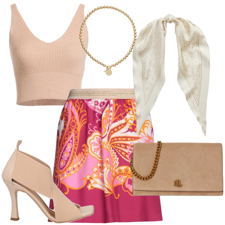 Outfit donna - Cerimonia lusso chic. Stile Chic per Cerimonia. Abbinamento con top, sandali in pelle, minigonne, collane, foulard, borse a tracolla.