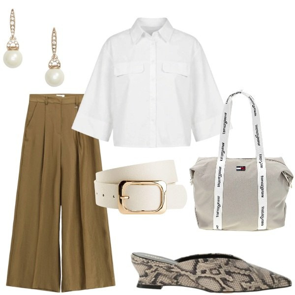 Outfit donna - Al lavoro. Stile Casual chic per Ufficio. Abbinamento con cinture, pantaloni a palazzo, sabot, camicie a manica corta, orecchini, shopping bag.