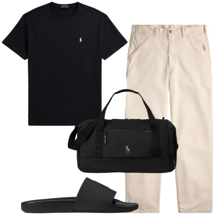 Outfit uomo - Total look #2446875. Stile Casual per Tutti i giorni. Abbinamento con sandali, borse sportive, t-shirt, pantaloni.