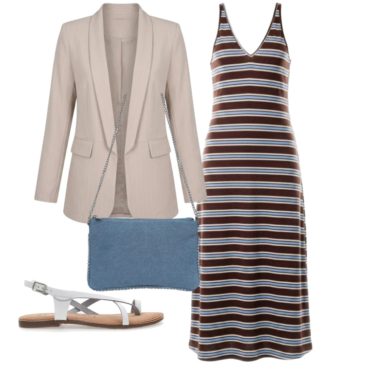 Outfit donna - Total look. Stile Bon Ton per Tutti i giorni. Abbinamento con borse a tracolla, vestiti lunghi, blazer, sandali.