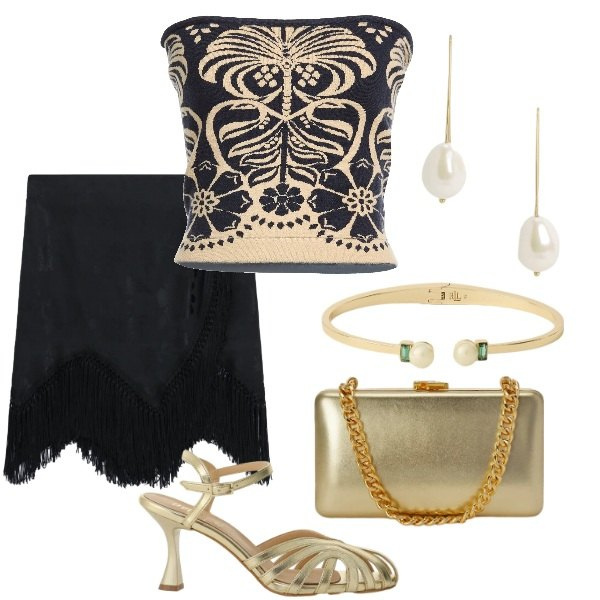 Outfit donna - Compleanno in villa. Stile Chic per Serata fuori. Abbinamento con top, sandali col tacco, minigonne, clutch, orecchini, braccialetti.