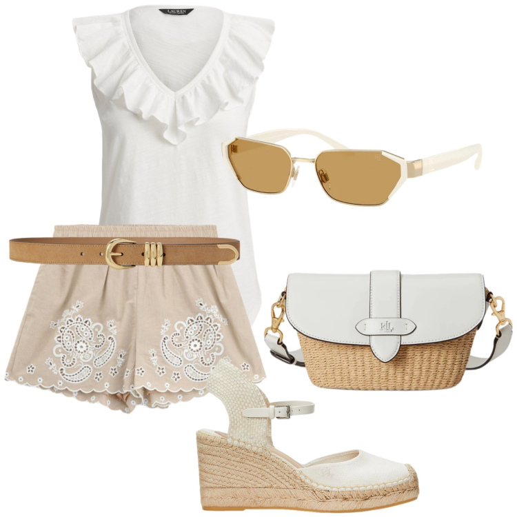 Outfit donna - In saldo. Stile Trendy per Tutti i giorni. Abbinamento con shorts, espadrillas, borse a spalla, top, occhiali da sole, cinture.