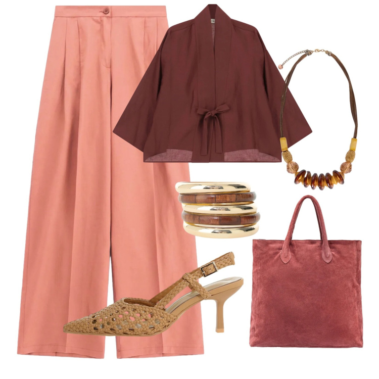 Outfit donna - Arrivati alla destinazione. Stile Chic per Serata fuori. Abbinamento con blazer, braccialetti, décolleté, pantaloni a palazzo, collane, borse a mano.