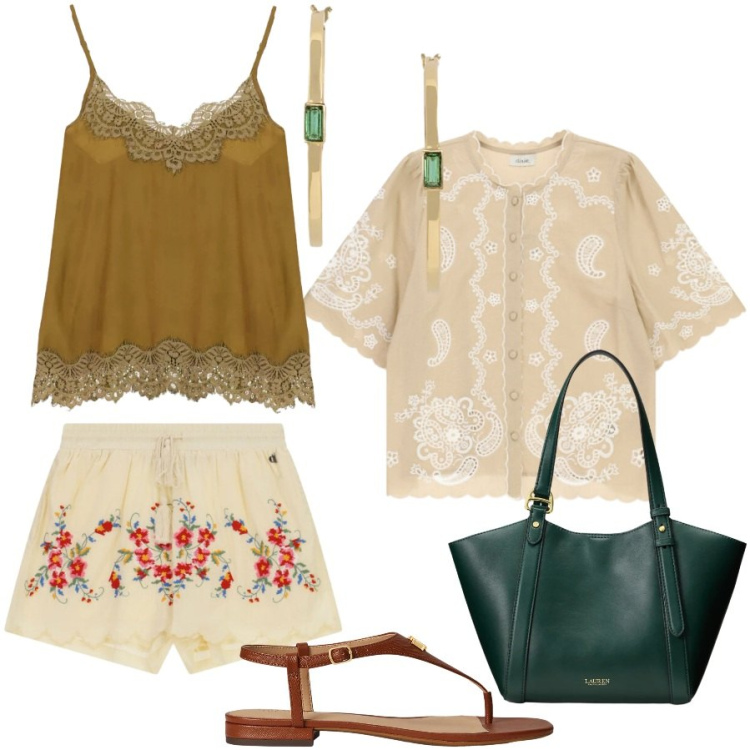 Outfit donna - Summer Boho chic. Stile Boho per Tutti i giorni. Abbinamento con shorts, top, camicie, borse tote, sandali in pelle, orecchini.