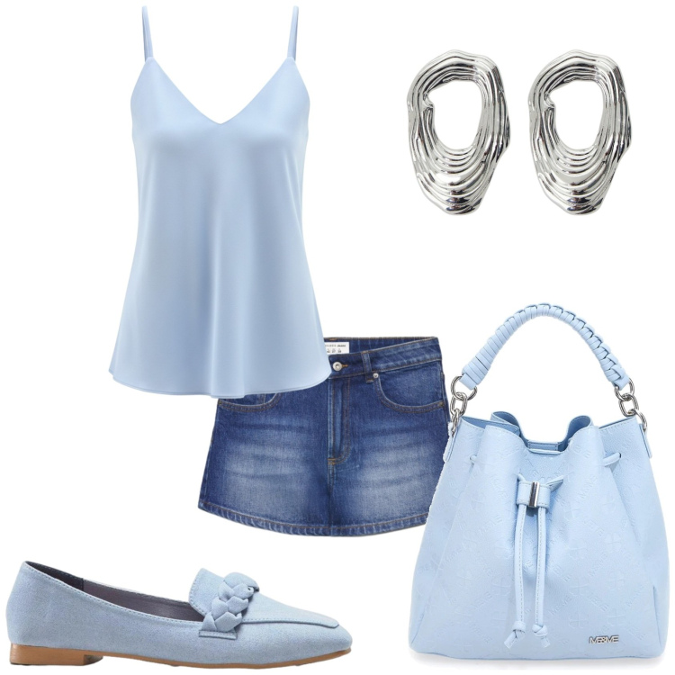 Outfit donna - In giro per compere. Stile Casual chic per Tutti i giorni. Abbinamento con mocassini, shorts, orecchini, top, borse a secchiello.