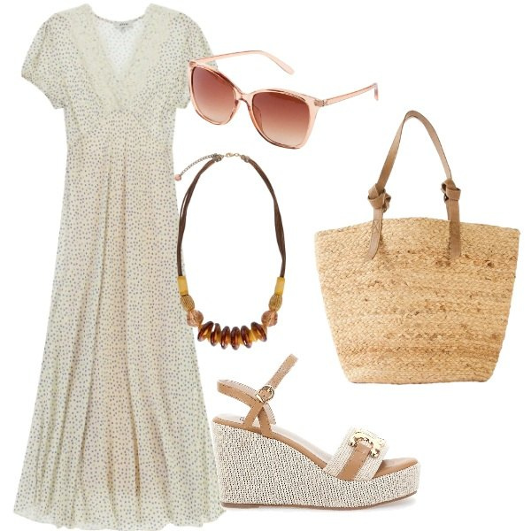 Outfit donna - E siamo in Agosto....... Stile Casual per Tutti i giorni. Abbinamento con occhiali da sole, shopping bag, vestiti midi/longuette, collane, zeppe.