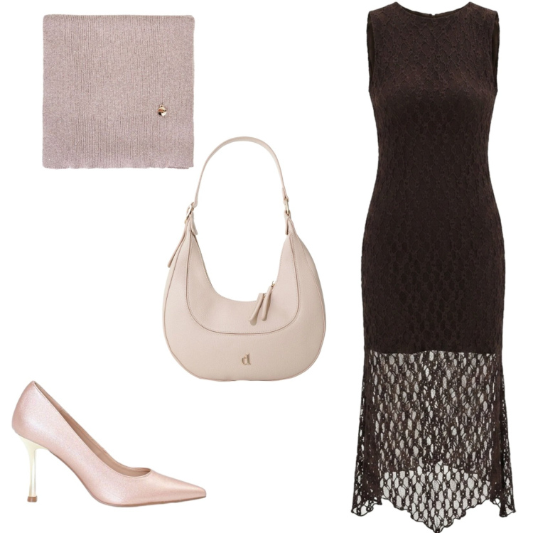 Outfit donna - Brown & Pink chic. Stile Chic per Serata fuori. Abbinamento con borse a tracolla, décolleté, sciarpe, vestiti a tubino.