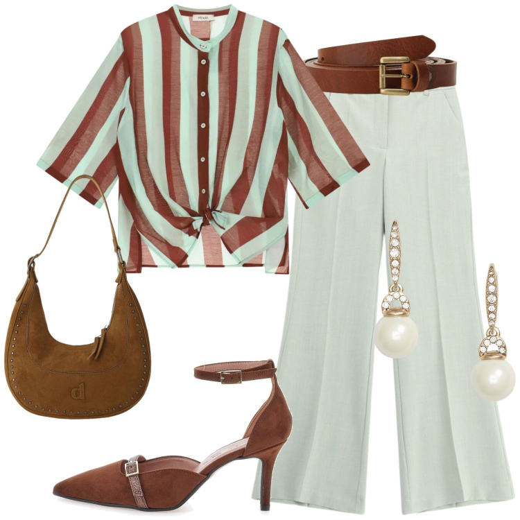 Outfit donna - A cena. Stile Casual chic per Serata fuori. Abbinamento con cinture, borse a spalla, pantaloni a palazzo, camicie, orecchini, décolleté.