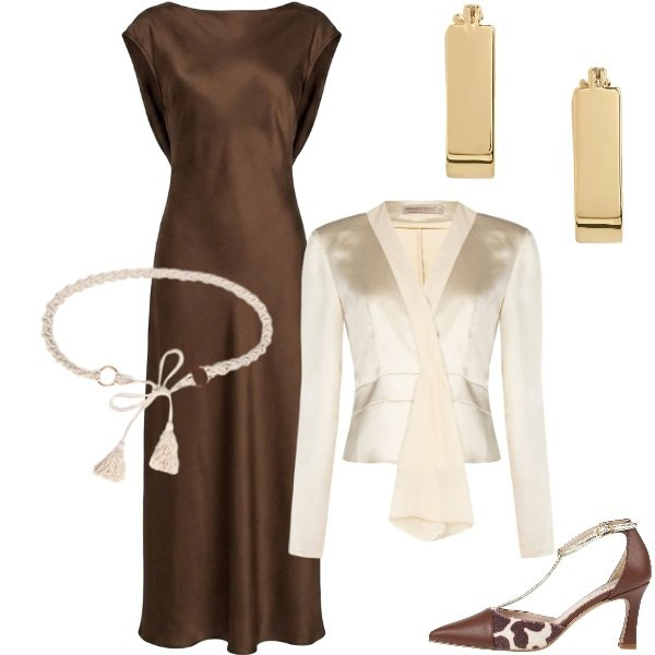 Outfit donna - Matrimonio in vista. Stile Glamour per Cerimonia. Abbinamento con décolleté, blazer, vestiti lunghi, cinture, orecchini.