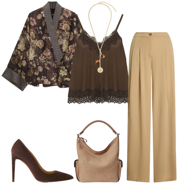 Outfit donna - Total look #2446902. Stile Chic per Ufficio. Abbinamento con top, kimono, pantaloni, décolleté, borse a spalla, collane.