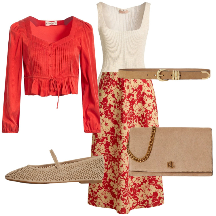Outfit donna - Total look #2446908. Stile Chic per Tutti i giorni. Abbinamento con camicie, top, ballerine, borse a tracolla, gonne longuette, cinture.