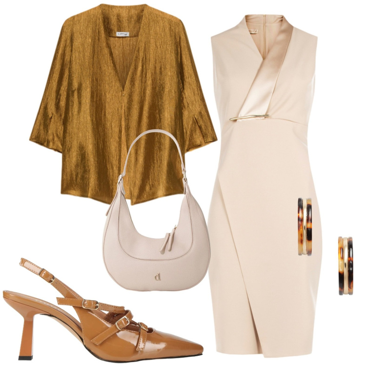 Outfit donna - Tubino. Stile Chic per Serata fuori. Abbinamento con décolleté, borse a tracolla, vestiti asimmetrici, blazer, orecchini.