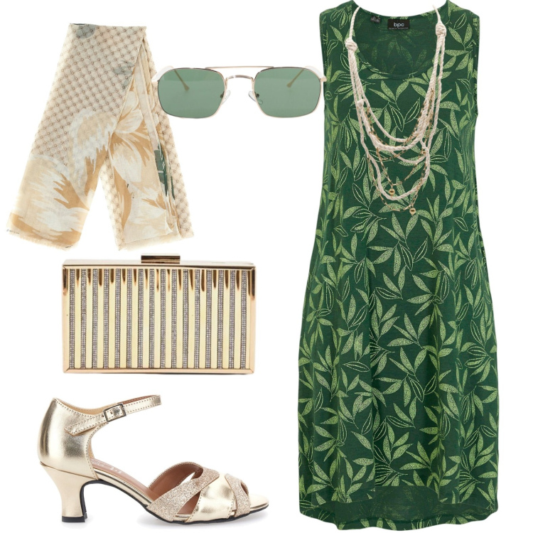 Outfit donna - Aperitivo. Stile Casual chic per Serata fuori. Abbinamento con vestiti senza maniche, occhiali da sole, collane, clutch, foulard, scarpe col tacco.