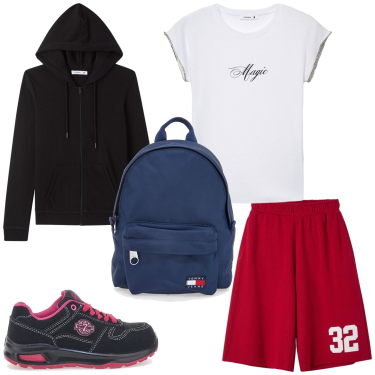 Outfit donna - Montagna in estate. Stile Casual per Sport. Abbinamento con bermuda, t-shirt, felpe con cappuccio, zaini, scarpe sportive.