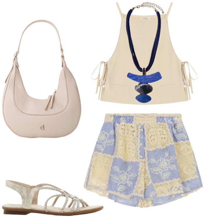Outfit donna - Passeggiata al mare. Stile Casual chic per Tutti i giorni. Abbinamento con sandali, borse a tracolla, shorts, top, ciondoli.