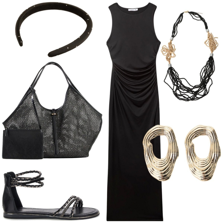Outfit donna - Maxi dress a cena. Stile Glamour per Tutti i giorni. Abbinamento con shopping bag, vestiti lunghi, orecchini, collane, cerchietti, sandali.