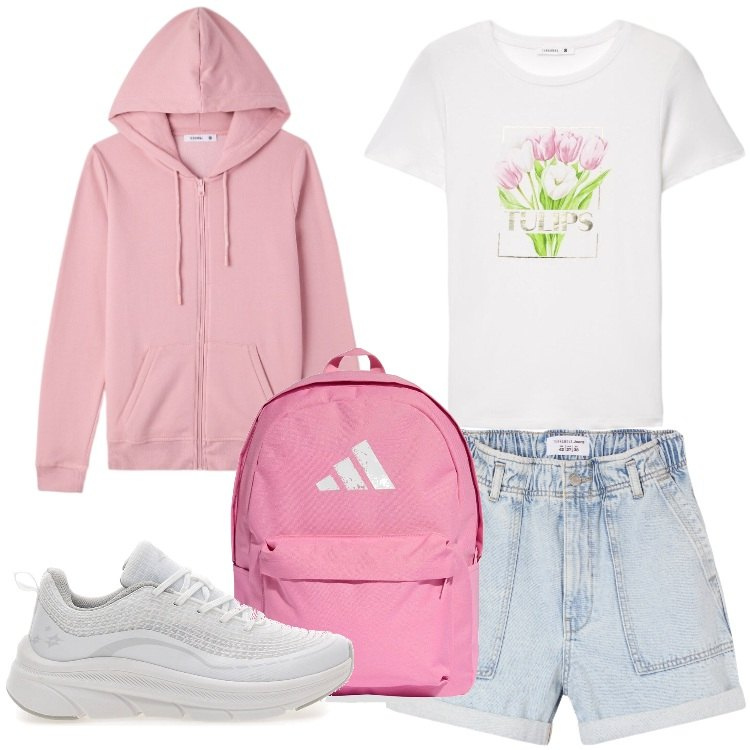 Outfit donna - Alpine Altitude. Stile Casual per Tutti i giorni. Abbinamento con t-shirt, felpe con cappuccio, shorts, scarpe sportive, zaini.