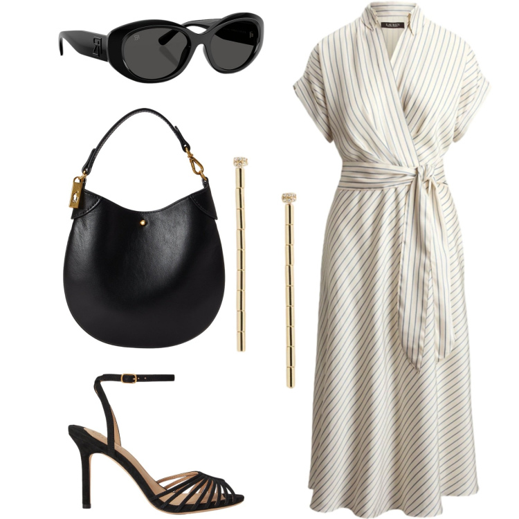 Outfit donna - Fluttuante. Stile Chic per Serata fuori. Abbinamento con vestiti midi/longuette, orecchini, occhiali da sole, pochette, sandali col tacco.