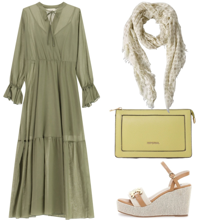 Outfit donna - Cena in campagna. Stile Casual chic per Serata fuori. Abbinamento con vestiti lunghi, borse a tracolla, sciarpe, zeppe.
