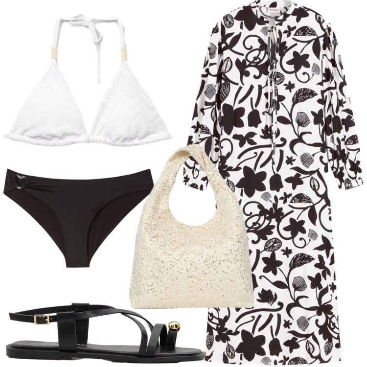 Outfit donna - Caftani e kimono leggeri - Black & White. Stile Trendy per Mare. Abbinamento con caftani, sandali, borse a spalla, bikini, bikini.
