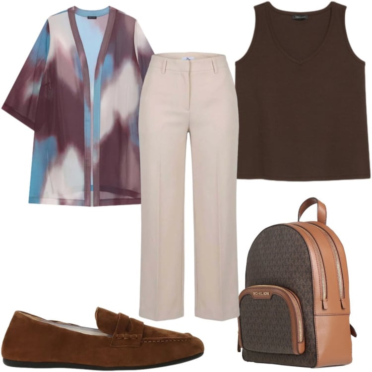 Outfit donna - Caftani e kimono leggeri - in ufficio. Stile Minimal per Ufficio. Abbinamento con zaini, pantaloni a palazzo, mocassini, canottiere, kimono.