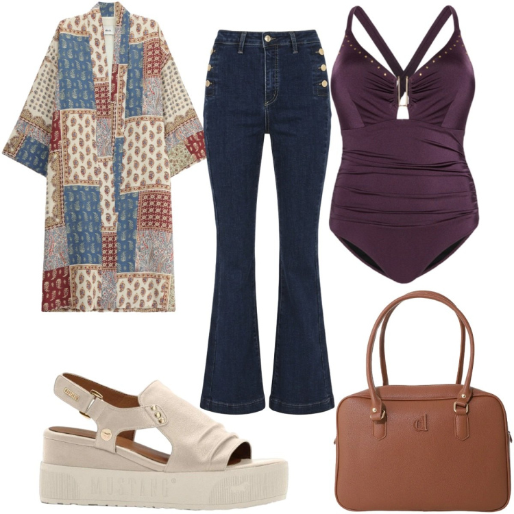 Outfit donna - Caftani e kimono leggeri - 70s. Stile 70s per Mare. Abbinamento con sandali, kimono, borse a mano, jeans a zampa, costumi interi.