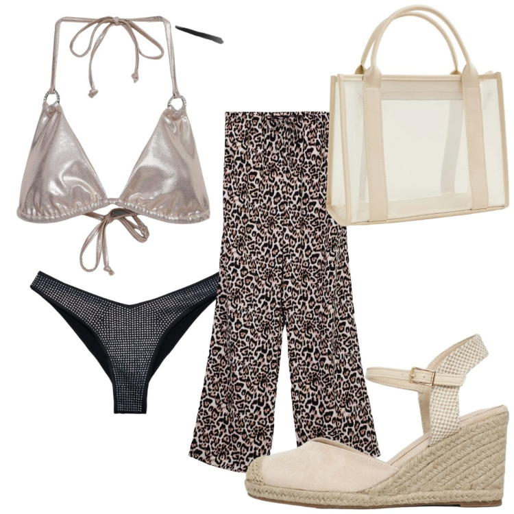 Outfit donna - Total look #2446960. Stile Trendy per Mare. Abbinamento con bikini, pantaloni, borse tote, zeppe, bikini.