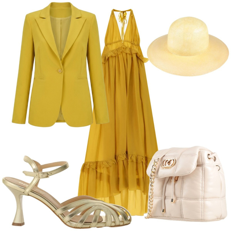 Outfit donna - Total look #2446962. Stile Trendy per Tutti i giorni. Abbinamento con cappelli, valigie, sandali col tacco, vestiti lunghi, blazer.
