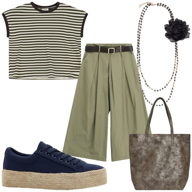 Outfit donna - Total look #2446963. Stile Trendy per Tutti i giorni. Abbinamento con sneakers, shopping bag, top, pantaloni a palazzo, collane.