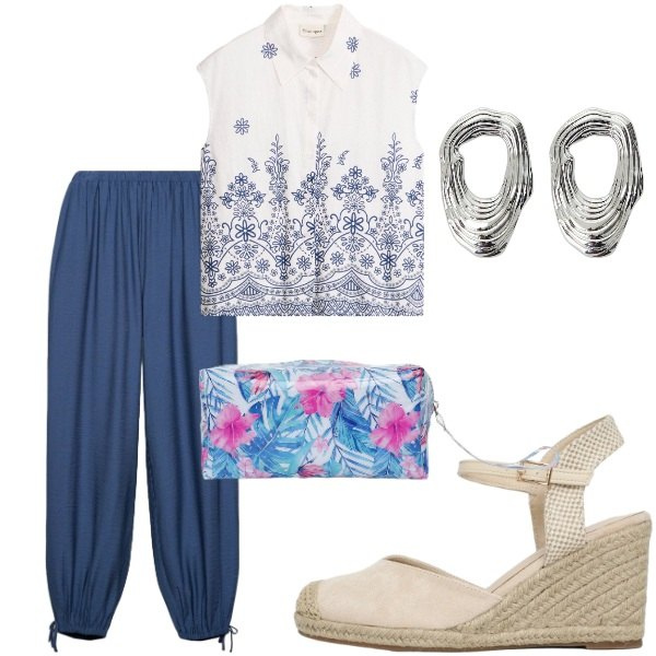 Outfit donna - Estate. Stile Casual per Tutti i giorni. Abbinamento con camicie a manica corta, zeppe, valigie, pantaloni, orecchini.