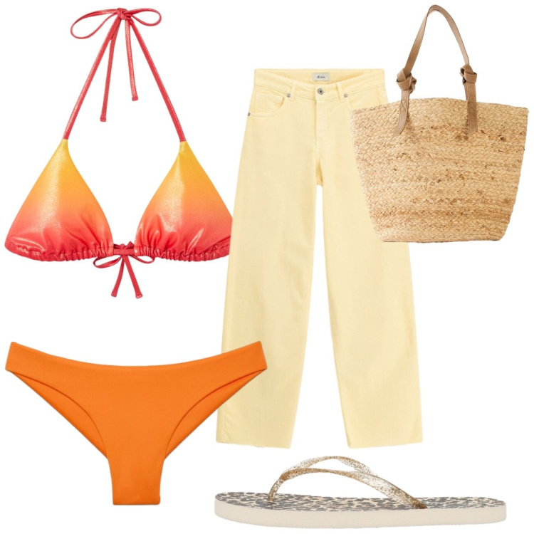 Outfit donna - Total look #2446965. Stile Trendy per Mare. Abbinamento con shopping bag, bikini, infradito, bikini, jeans.