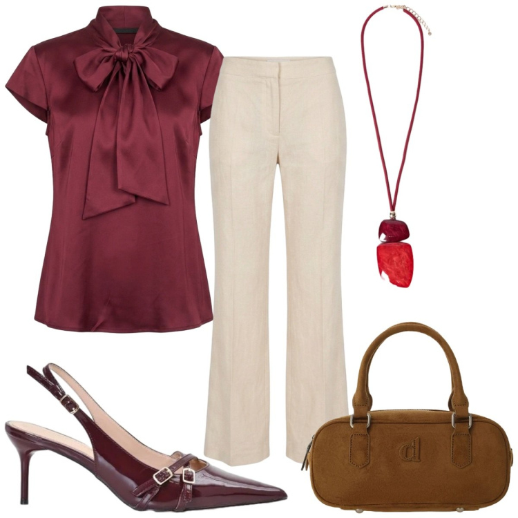Outfit donna - Total look #2446966. Stile Casual chic per Ufficio. Abbinamento con borse a mano, décolleté, camicie, pantaloni, ciondoli.