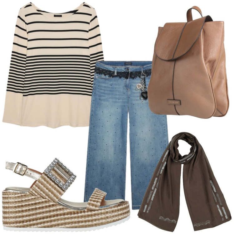 Outfit donna - Total look #2446968. Stile Trendy per Tutti i giorni. Abbinamento con zaini, sciarpe, sandali in pelle, jeans, t-shirt.