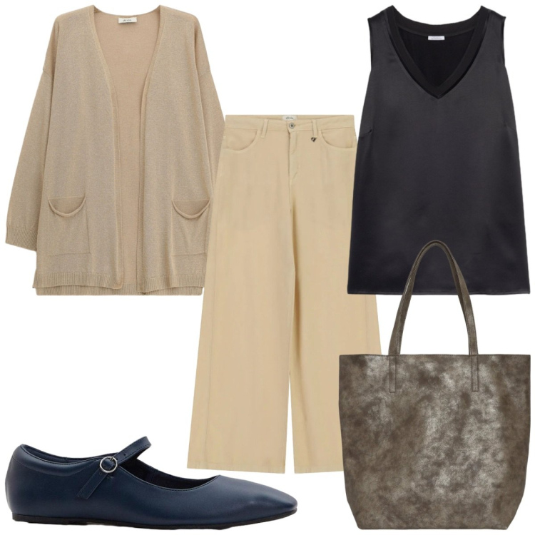 Outfit donna - Total look #2446969. Stile Minimal per Tutti i giorni. Abbinamento con ballerine, shopping bag, pantaloni a palazzo, cardigans, top.