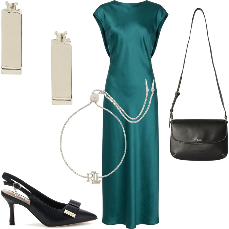 Outfit donna - Maxi dress di agosto. Stile Chic per Serata fuori. Abbinamento con borse a tracolla, vestiti lunghi, braccialetti, orecchini, décolleté.