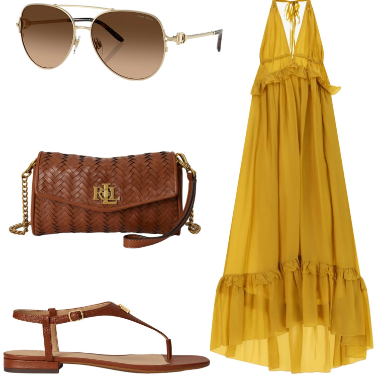 Outfit donna - Maxi dress estivo. Stile Casual chic per Serata fuori. Abbinamento con vestiti lunghi, sandali in pelle, occhiali da sole, portafogli.