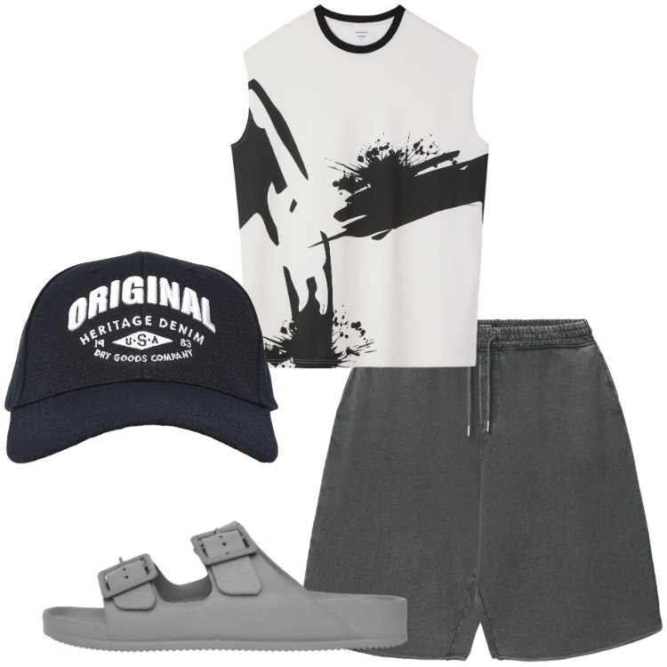 Outfit uomo - Senza pensieri. Stile Casual per Tutti i giorni. Abbinamento con cappelli con visiera, sandali, t-shirt, bermuda.
