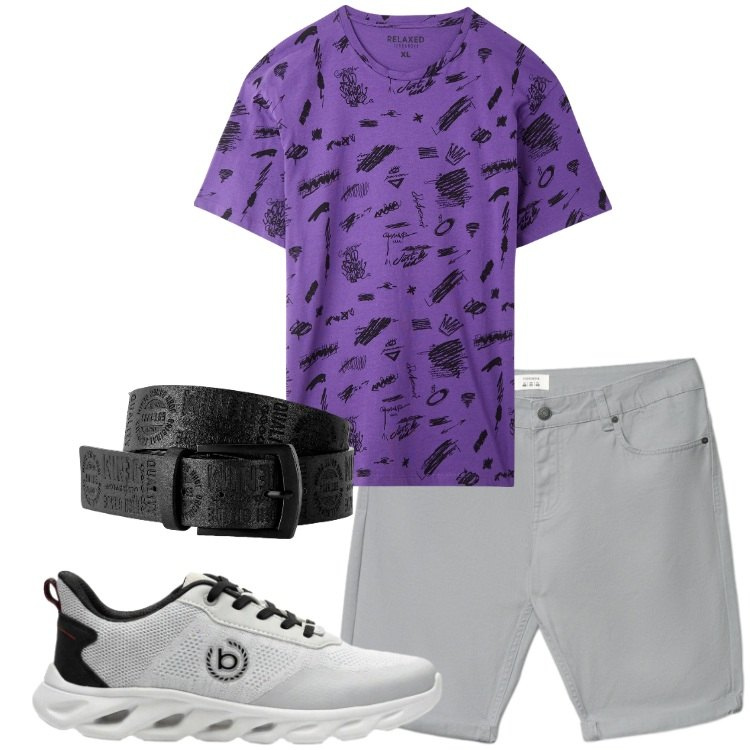 Outfit uomo - T-shirt stampa stile graffiti all-over. Stile Casual per Tutti i giorni. Abbinamento con cinture, sneakers, bermuda, t-shirt.