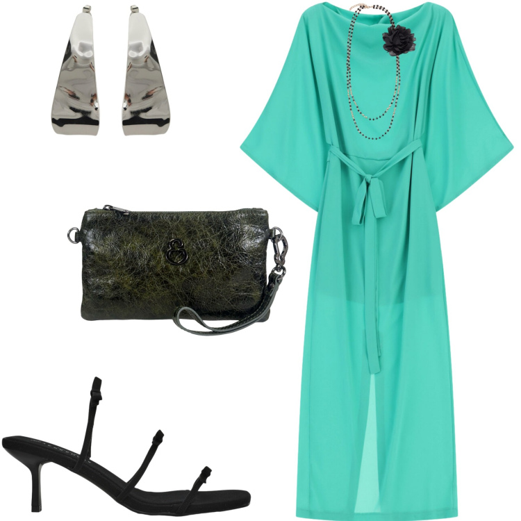 Outfit donna - Maxi dress di agosto. Stile Chic per Serata fuori. Abbinamento con sandali col tacco, vestiti lunghi, orecchini, collane, pochette.