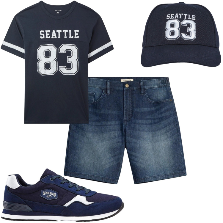 Outfit uomo - Il blu 83. Stile Casual per Tutti i giorni. Abbinamento con sneakers, shorts, cappelli con visiera, t-shirt.