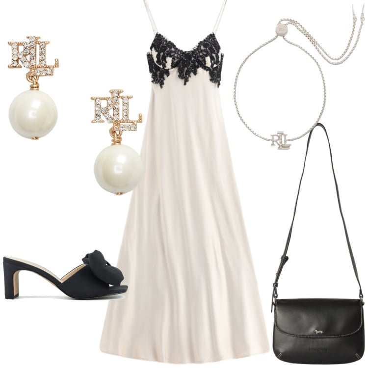 Outfit donna - Total look #2446982. Stile Chic per Serata fuori. Abbinamento con borse a tracolla, vestiti lunghi, orecchini, braccialetti, sandali col tacco.
