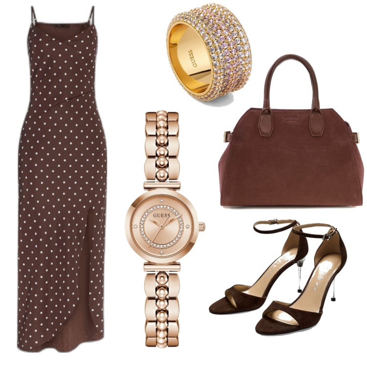 Outfit mujer - Chic outfit. Estilo Chic para Noche/Fiesta elegante. Combinación con vestidos asimétricos, relojes analógicos, bolsos de mano, sandalias de tacón, anillos.