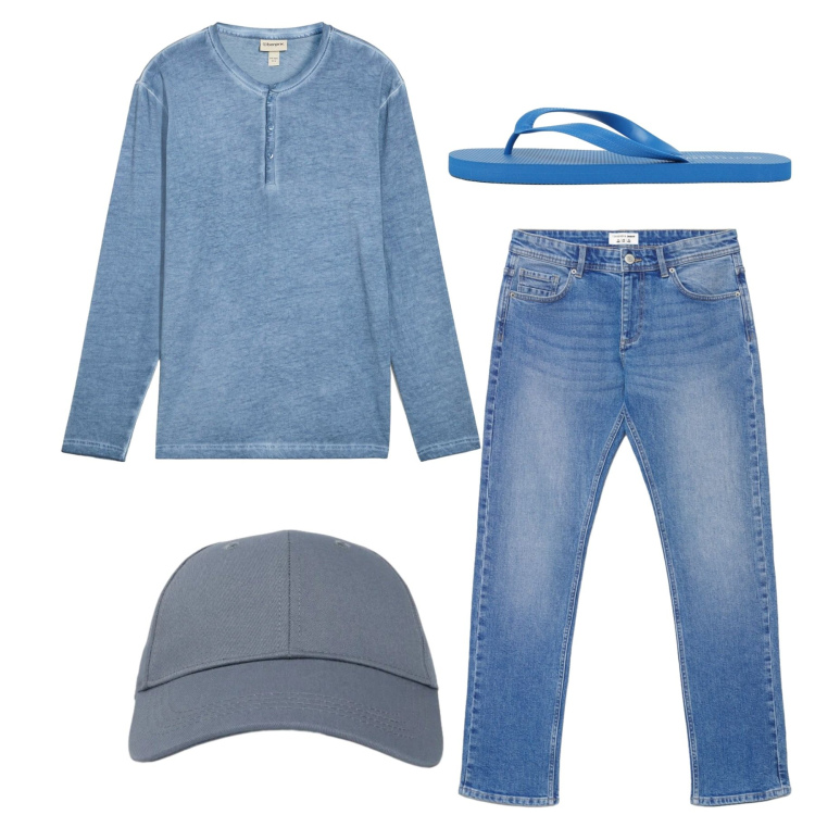Outfit uomo - Total look. Stile Casual per Tutti i giorni. Abbinamento con t-shirt, cappelli con visiera, jeans, sandali.