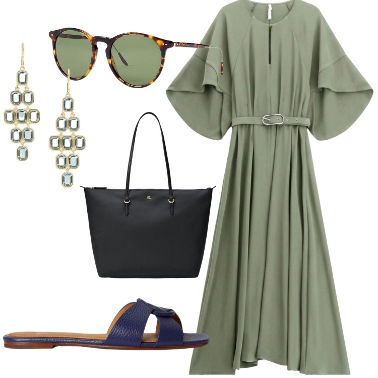 Outfit donna - Maxi-dress. Stile Casual chic per Tutti i giorni. Abbinamento con vestiti lunghi, occhiali da sole, borse tote, sandali in pelle, orecchini.
