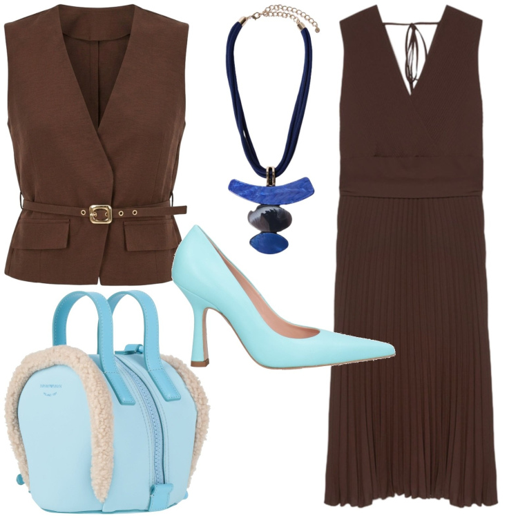 Outfit donna - Power dressing. Stile Basic per Ufficio. Abbinamento con zaini, décolleté, gilet, vestiti midi/longuette, ciondoli.