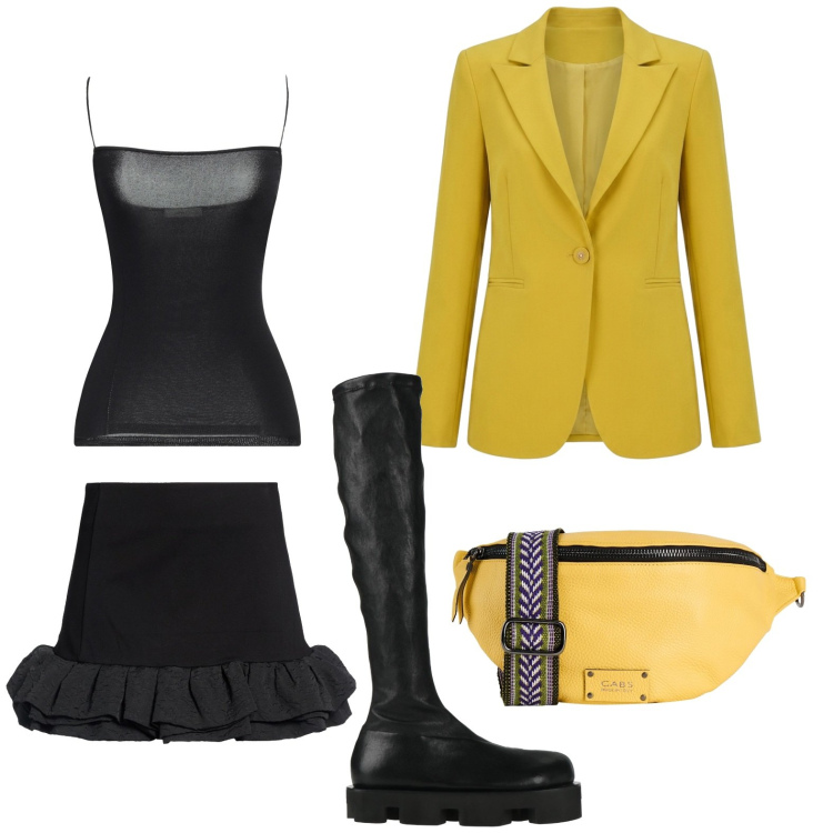 Outfit donna - Yellow blazer. Stile Basic per Serata fuori. Abbinamento con top, marsupi, minigonne, stivali, blazer.
