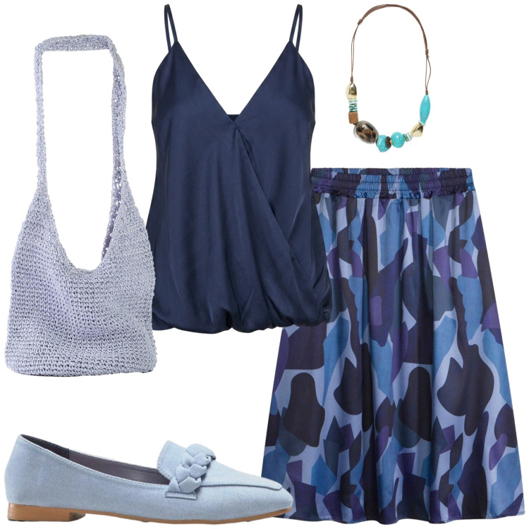 Outfit donna - Elegante. Stile Casual chic per Tutti i giorni. Abbinamento con gonne, mocassini, shopping bag, top, collane.