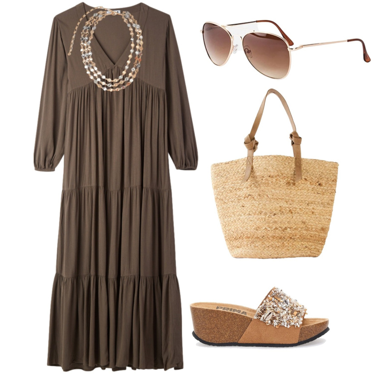 Outfit donna - Maxi dress di giorno. per Tutti i giorni. Abbinamento con shopping bag, occhiali da sole, vestiti lunghi, collane, zeppe.