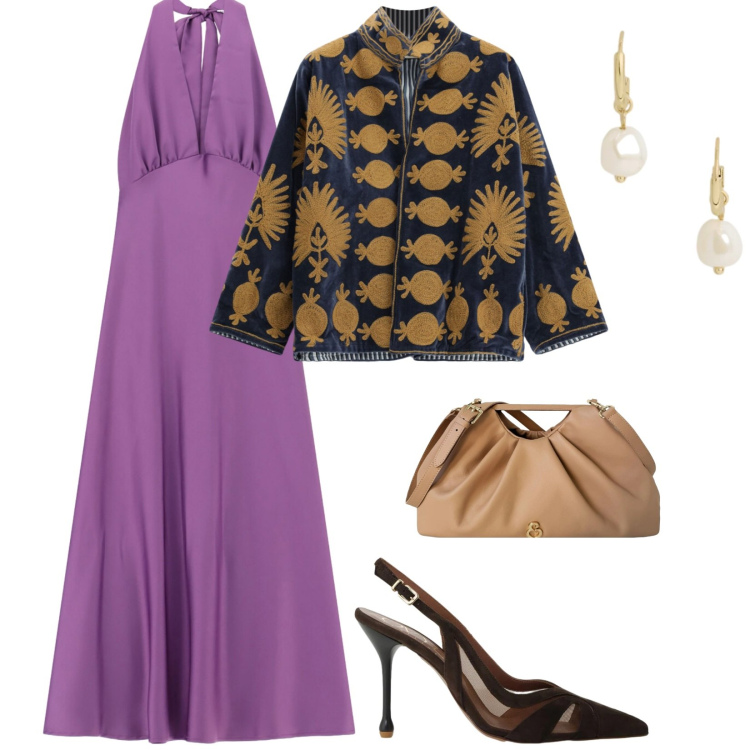 Outfit donna - Maxi dress Ed è subito cerimonia. per Cerimonia. Abbinamento con décolleté, blazer, vestiti lunghi, orecchini, clutch.